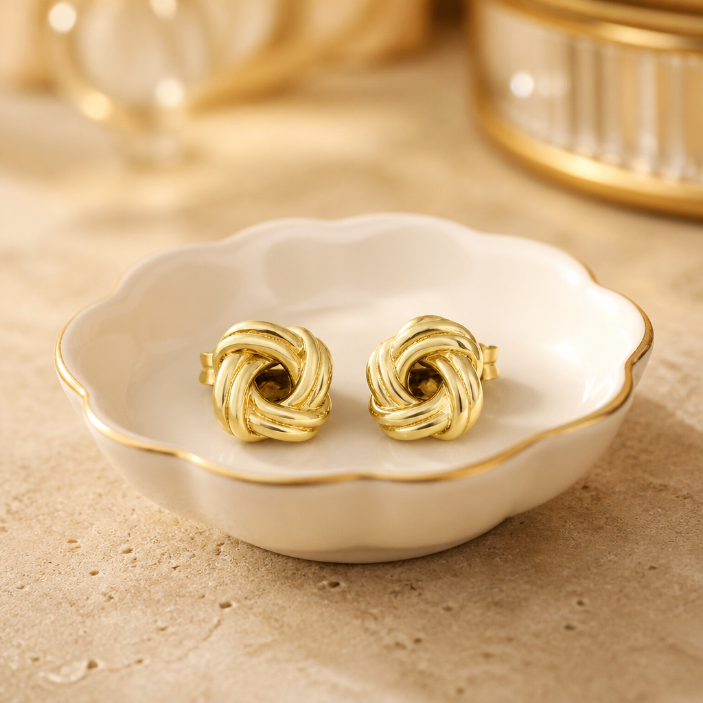 Aretes omega de oro 10k con diseño de nudo