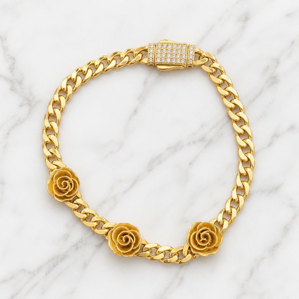 Pulsera de oro amarillo de 10K con diseño de rosas.