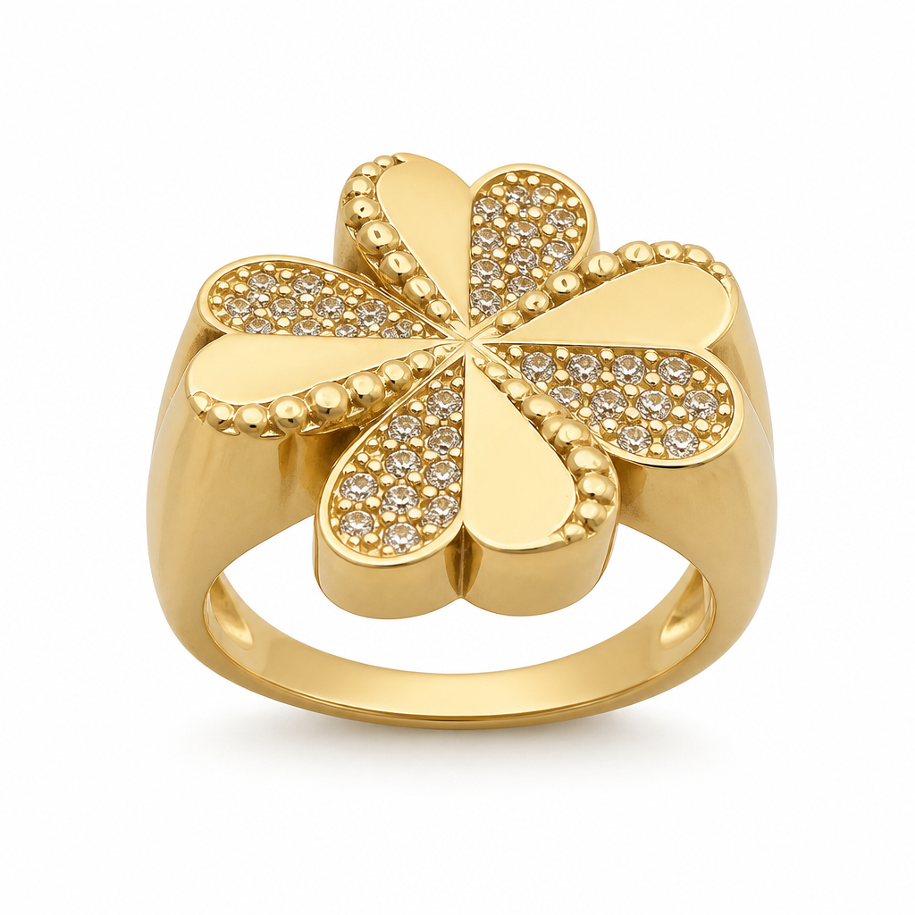 Anillo dorado floral en oro de 14k