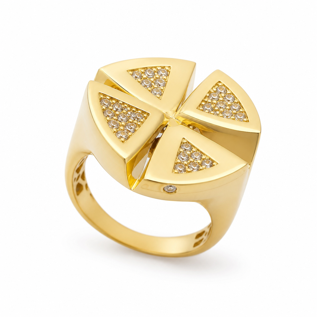 Elegante anillo de diseño geométrico en oro amarillo de 10k