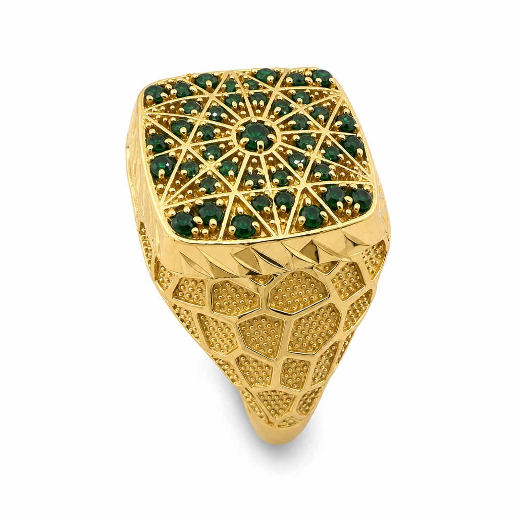Anillo para caballero en oro de 10k amarillo con piedras verdes.